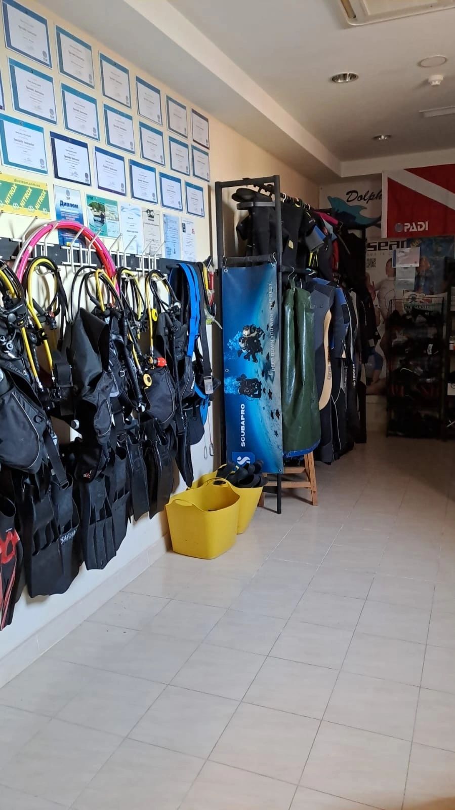 Dive gear and PADI certifications at the center